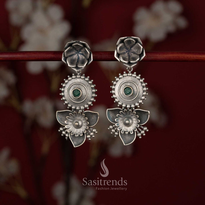 Sasitrends oxidised German silver floral drop earrings with layered disc and petal detailing