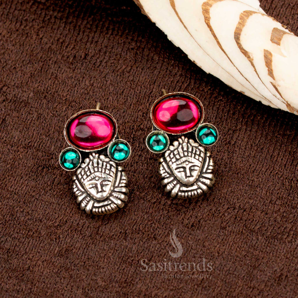 Oxidised Kolapuri earrings set with temple face and beaded finish  - Sasitrends
