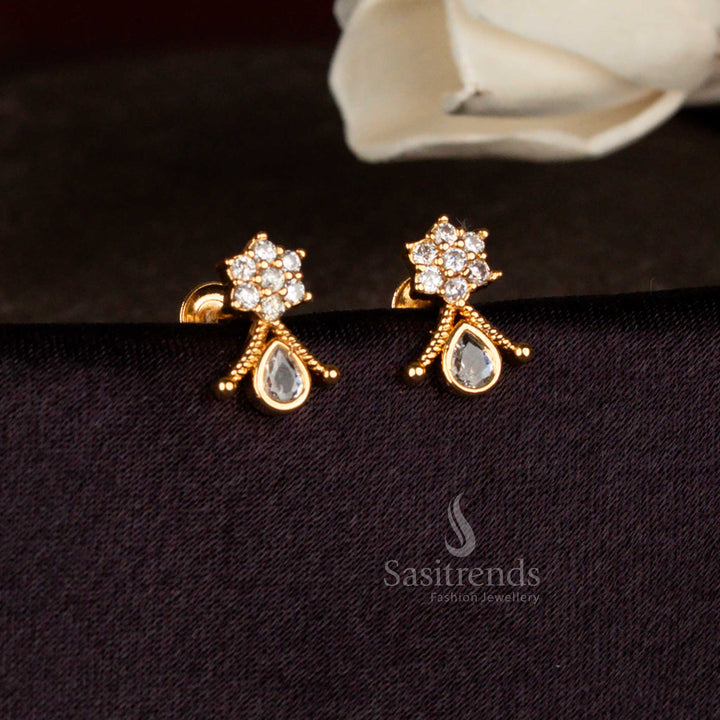 Stunning micro gold plated white American diamond earrings featuring floral top and hanging teardrop motif