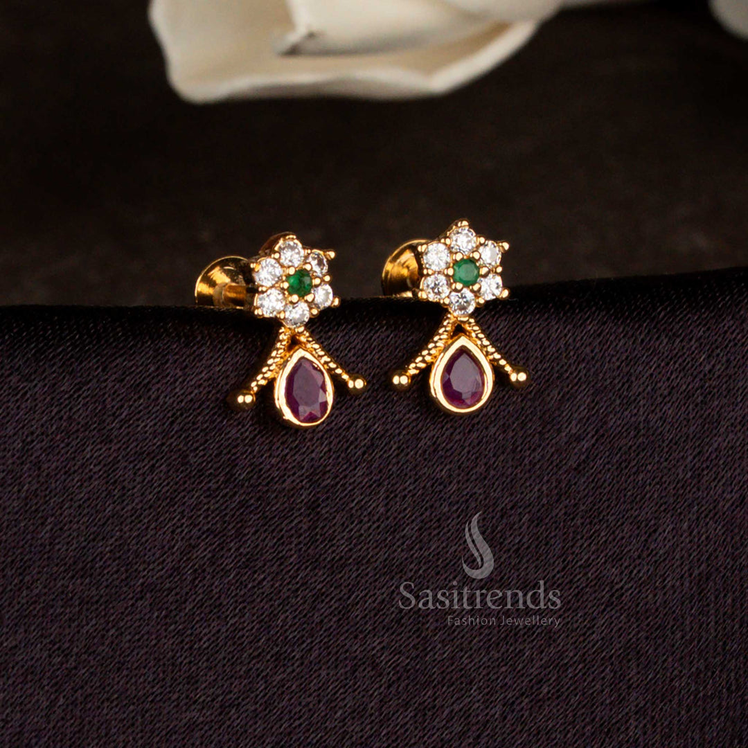 Elegant multi American diamond floral stud earrings with micro gold plating for daily and festive wear by Sasitrends
