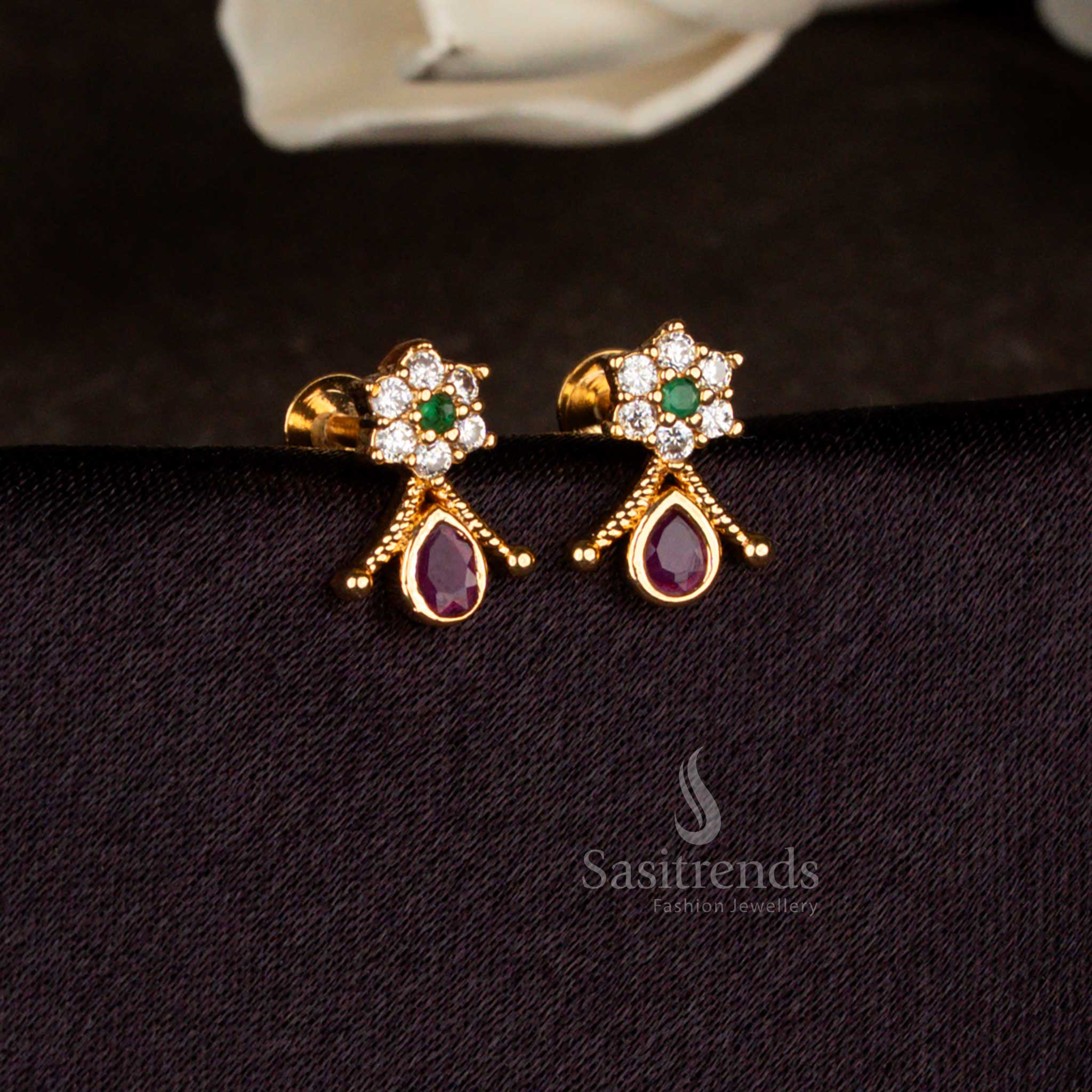 Elegant multi American diamond floral stud earrings with micro gold plating for daily and festive wear by Sasitrends
