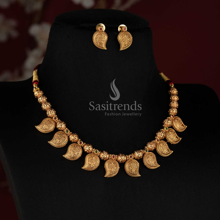 Sasitrends Antique Gold Plated Traditional Temple Mango Paisley Necklace Set with Intricate Ornamental Detailing