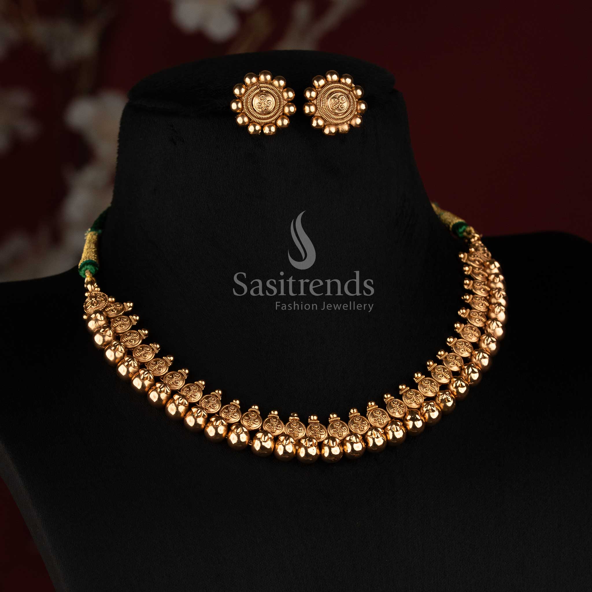 Sasitrends antique gold plated traditional temple floral motif beaded necklace with intricate detailing 