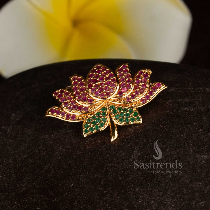Charming 24K Micro Gold Plated AD Stone Lotus Design Saree Pin | Traditional Real Gold Look Jewellery
