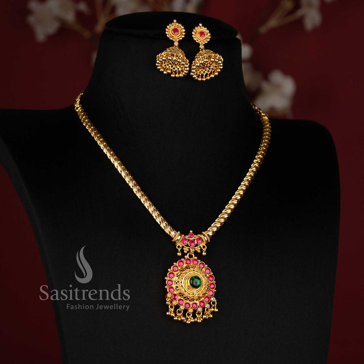 Sasitrends one gram micro gold plated traditional necklace set with circular concentric pendant detailing and matching dome drop earrings 