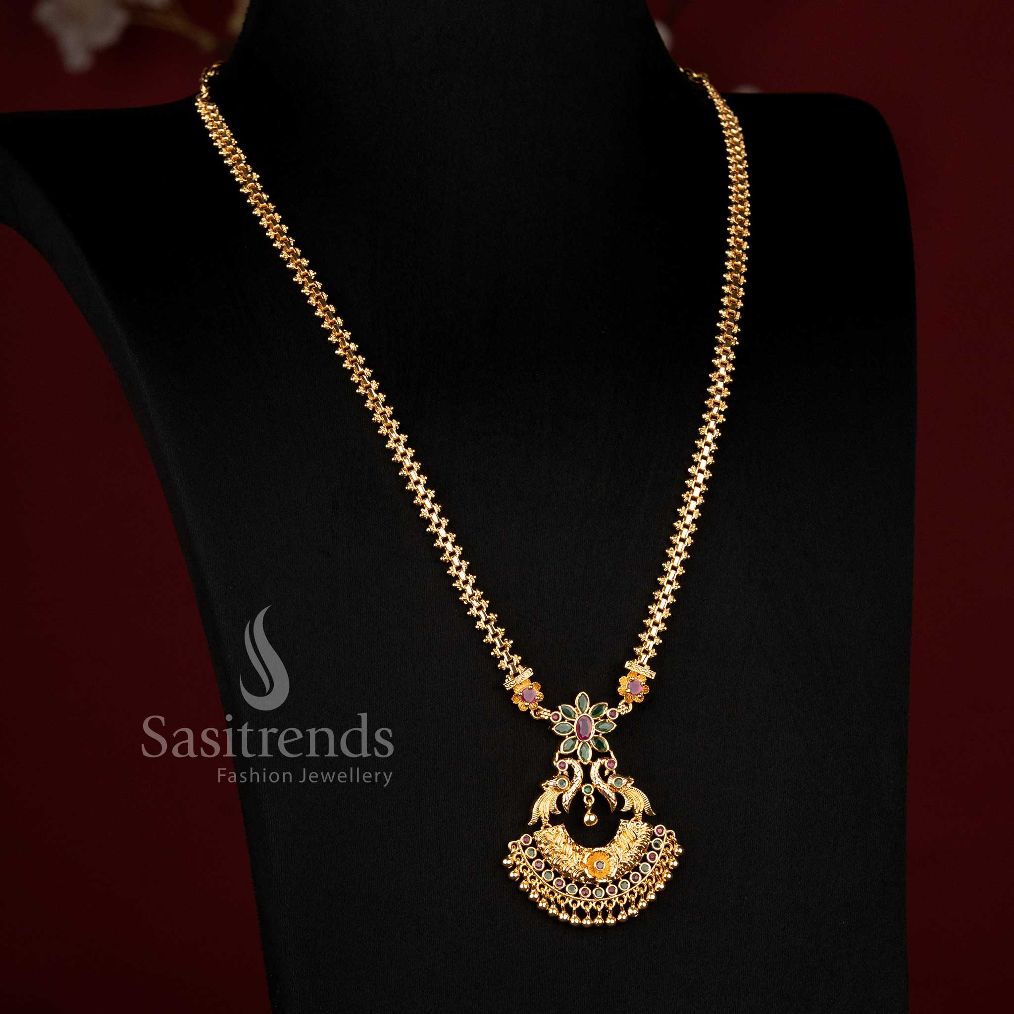 Sasitrends one gram micro gold plated long traditional necklace with floral centre motif, curved ornamental details and semicircular pendant structure 