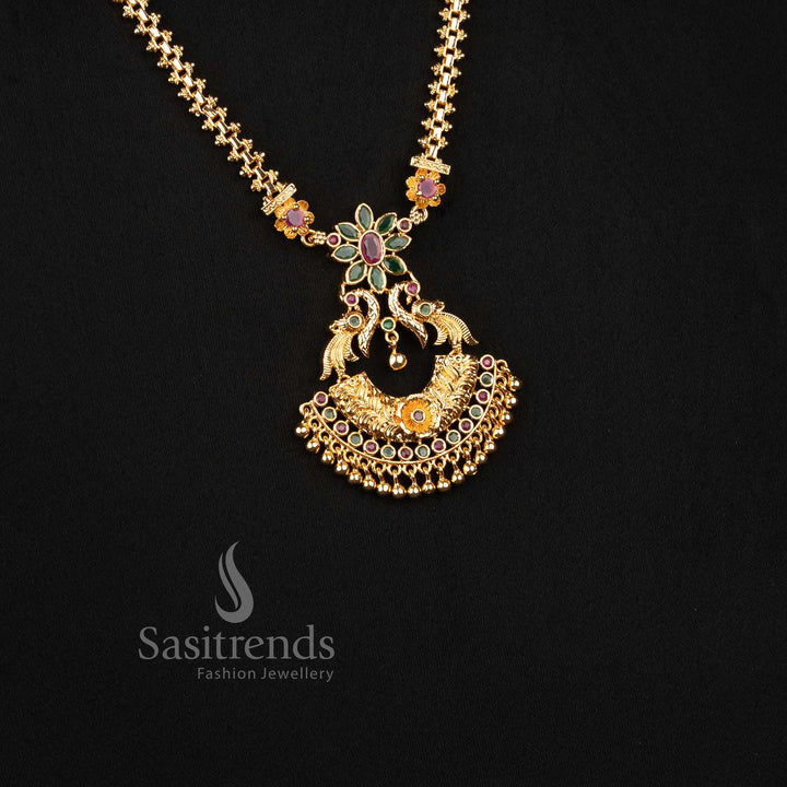 Sasitrends guaranteed real gold look long necklace with an elongated chain, decorative floral centre and intricate semicircular hanging pendant 