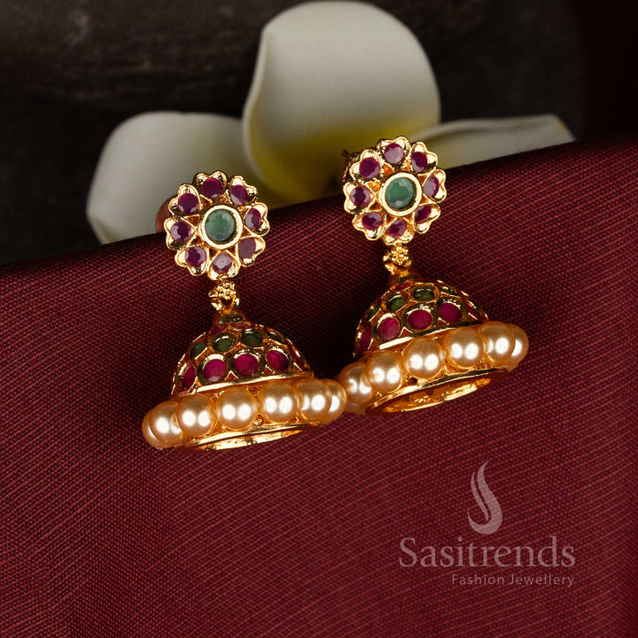 Traditional 24K Micro Gold Plated American Diamond Floral Stud Pearl Jhumka Earrings | Festive Wear