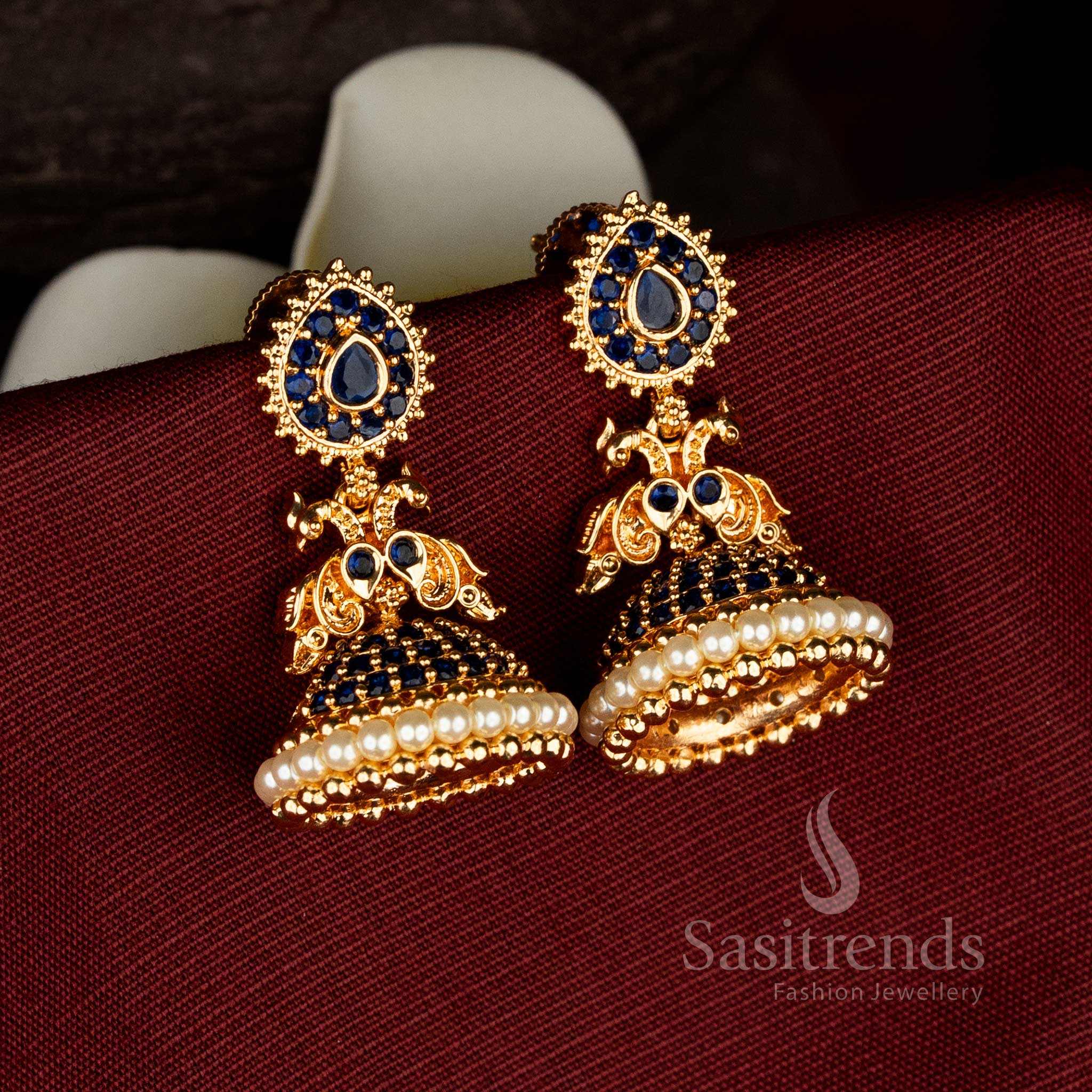 Guaranteed One Gram Micro Gold Plated blue American Diamond Teardrop Motif Stud Dual Peacock Pearl Jhumka Earrings 