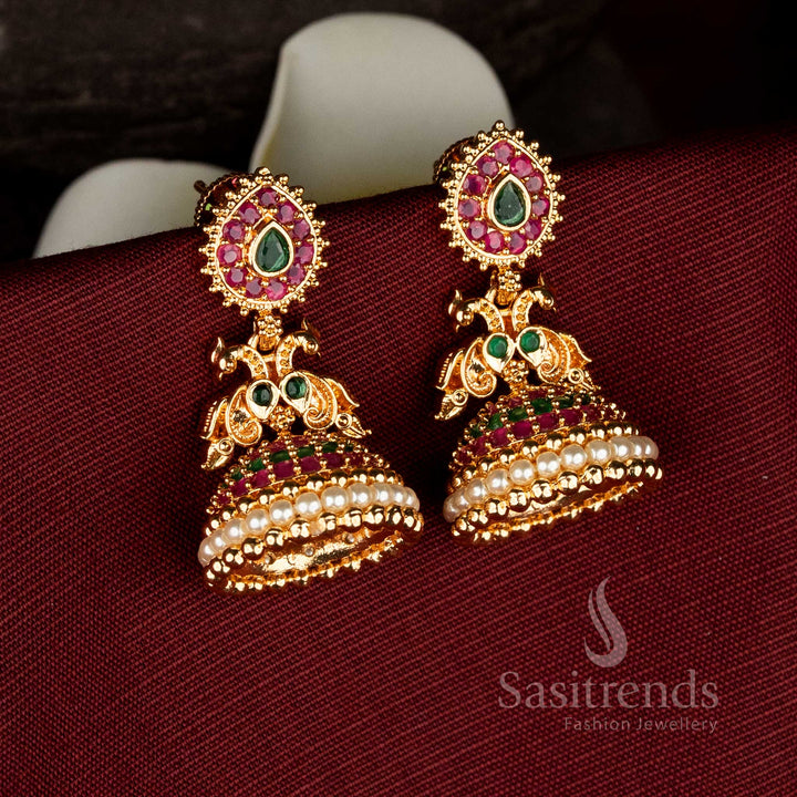 Guaranteed One Gram Micro Gold Plated AD Stone Teardrop Motif Stud Dual Peacock Pearl Jhumka Earrings | Perfect for Special Occassions