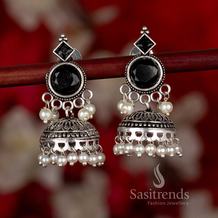 Enchanting Oxidised Silver Plated Circular Stud Jhumka Earrings with Pearl Detailing and Layered Dome Structure | Office Wear