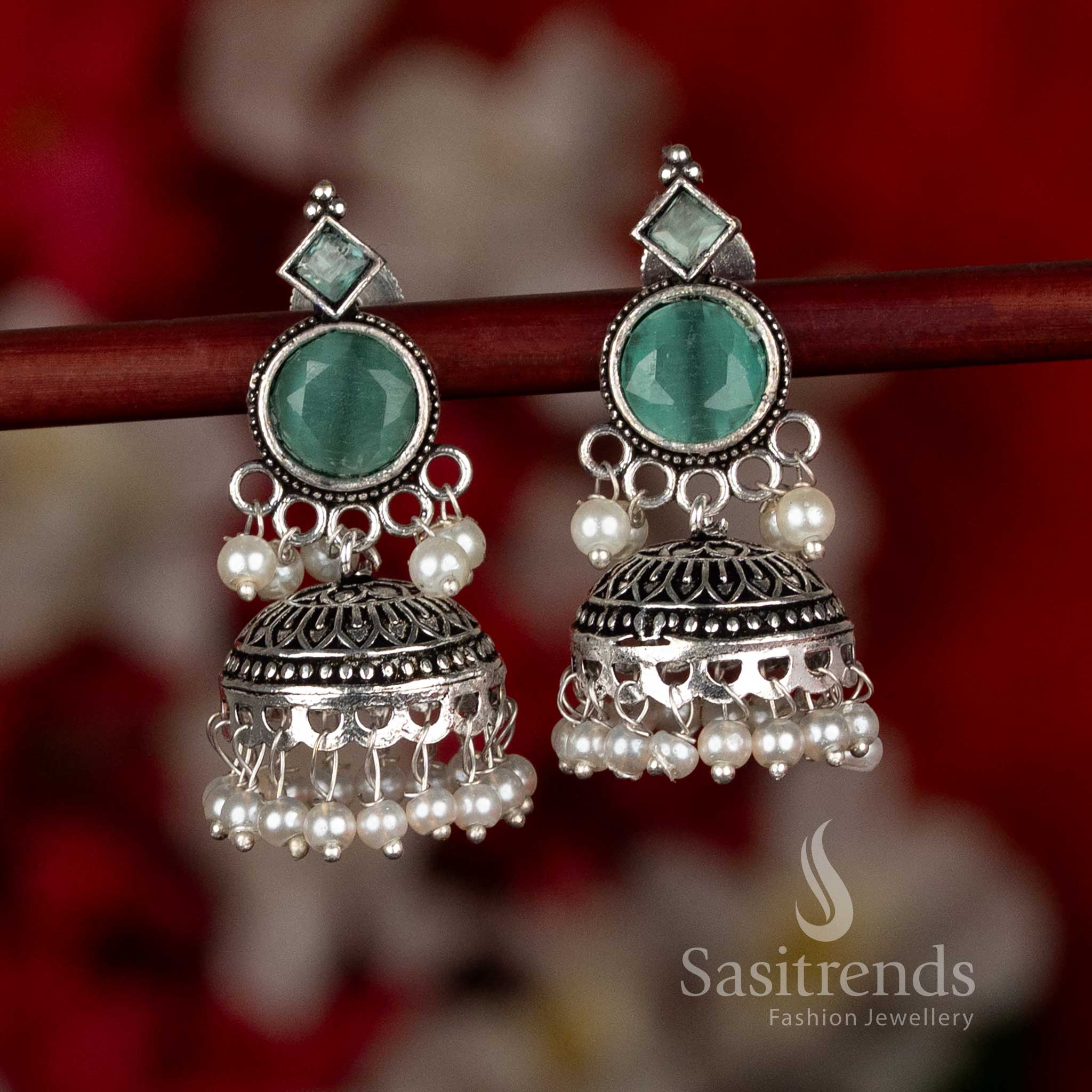 Office Wear Oxidised Silver Plated Circular Stud Jhumka Earrings with Pearl Detailing and Layered Dome Structure - Sasitrends