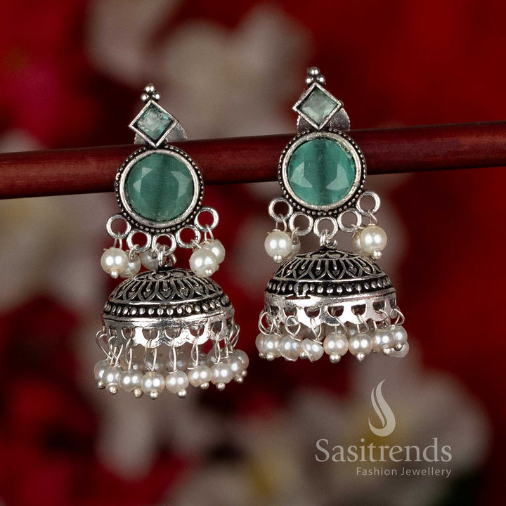Office Wear Oxidised Silver Plated Circular Stud Jhumka Earrings with Pearl Detailing and Layered Dome Structure - Sasitrends
