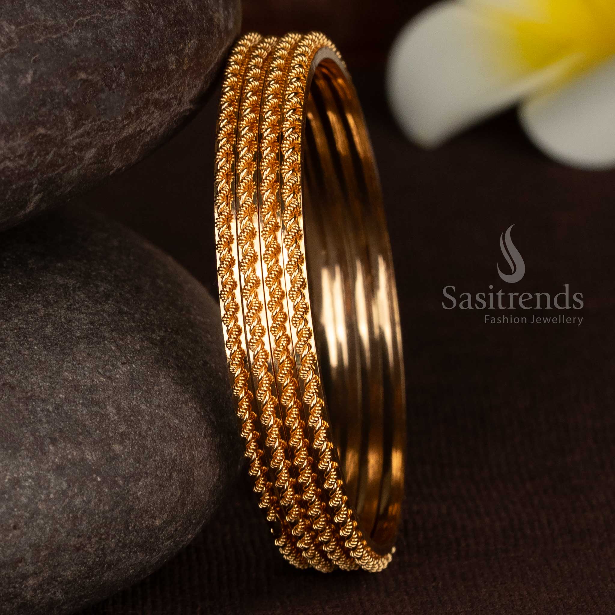 Sasitrends 24K micro gold plated traditional bangle with rope-textured layered design and sparkling real gold–like finish