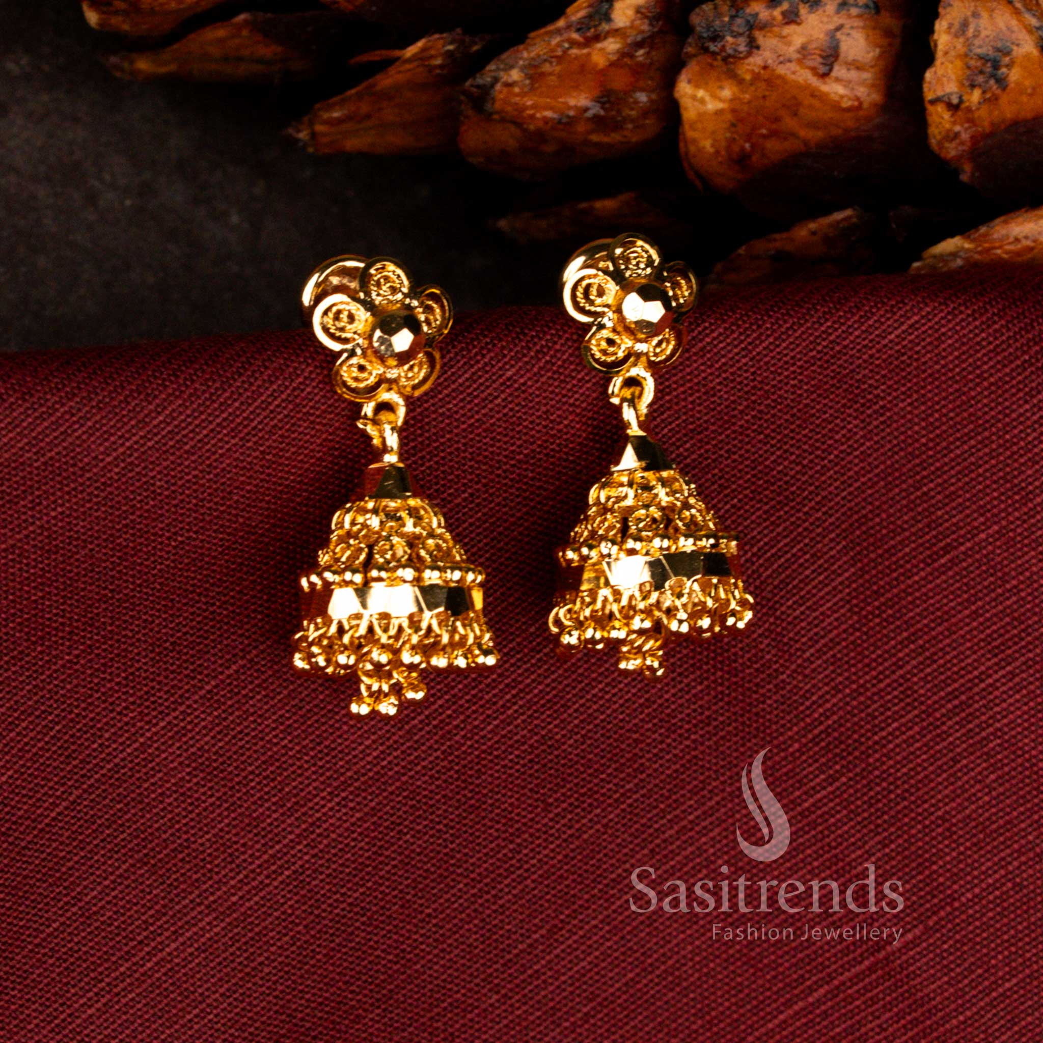 Sasitrends 24 carat guaranteed micro gold plated floral stud classic temple jhumka earrings featuring royal ethnic detailing and elegant traditional craftsmanship