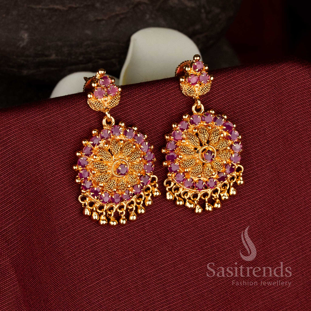 Traditional real gold look sunburst micro gold plated ruby AD stone earrings- Sasitrends