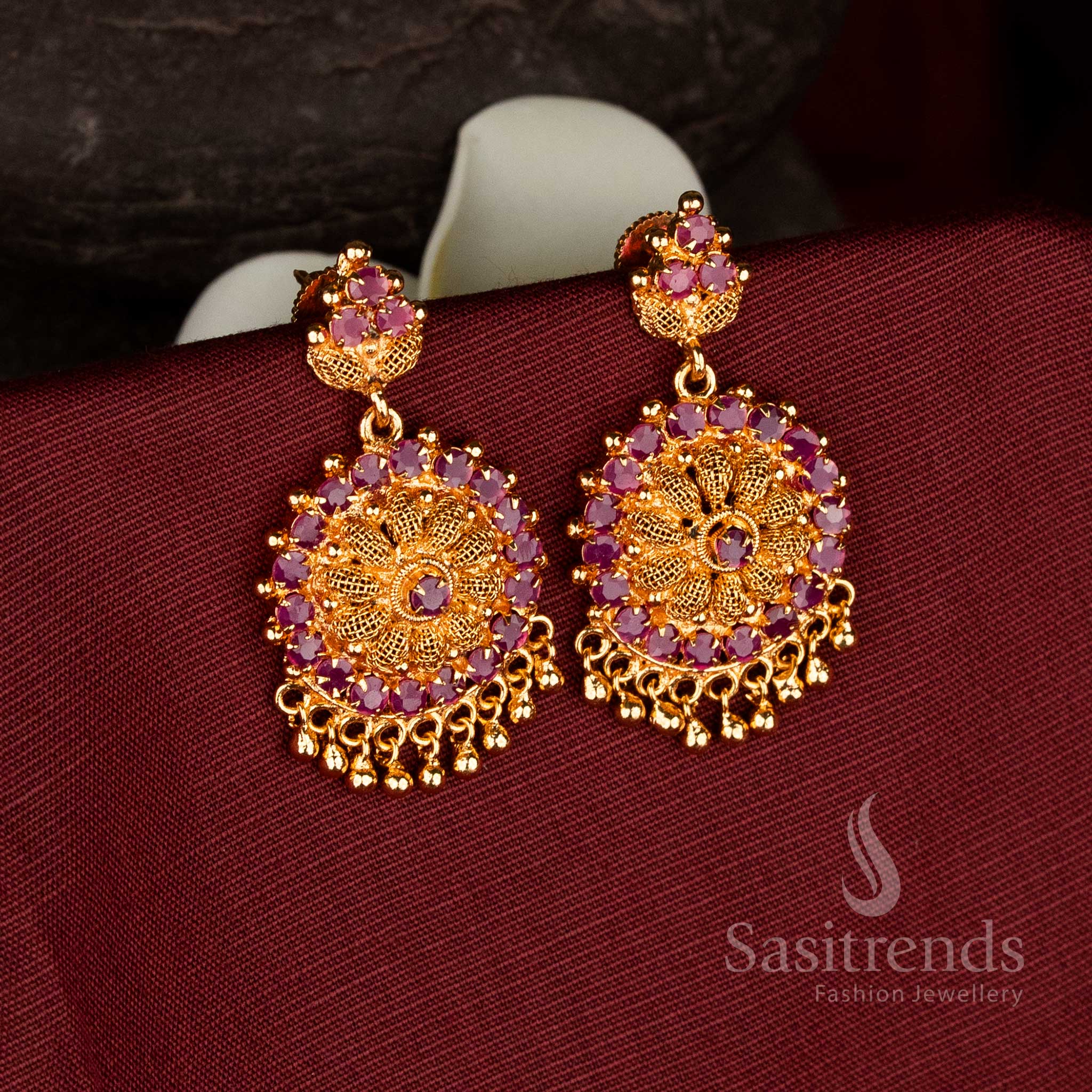 Traditional real gold look sunburst micro gold plated ruby AD stone earrings- Sasitrends