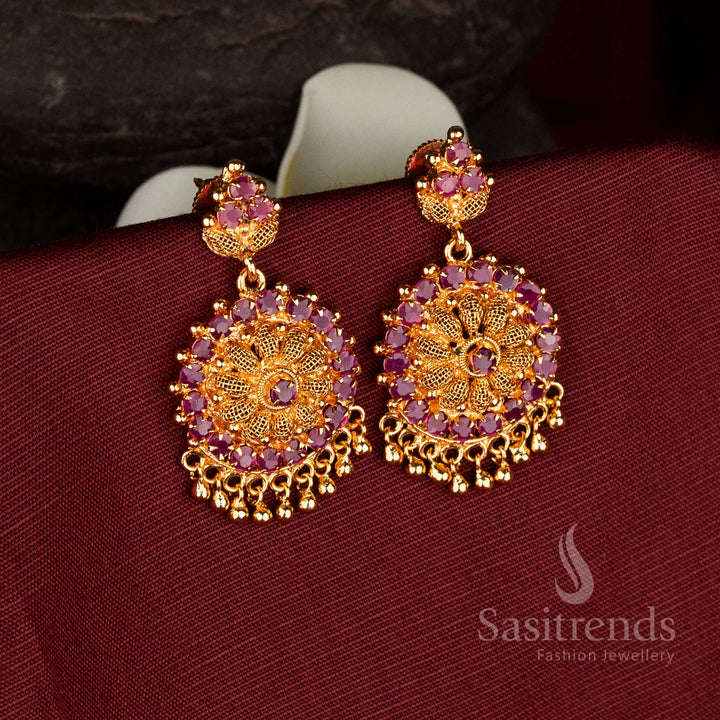 Sasitrends | Sunburst Floral Drop Earrings with AD Stones and Golden Balls – One Gram Micro Gold Plated