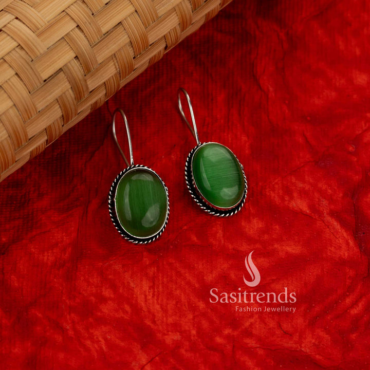 Elegant Attractive wear Oxidised Oval Stone Drop Earrings with Rope Border Design for Daily, Office & Casual Wear