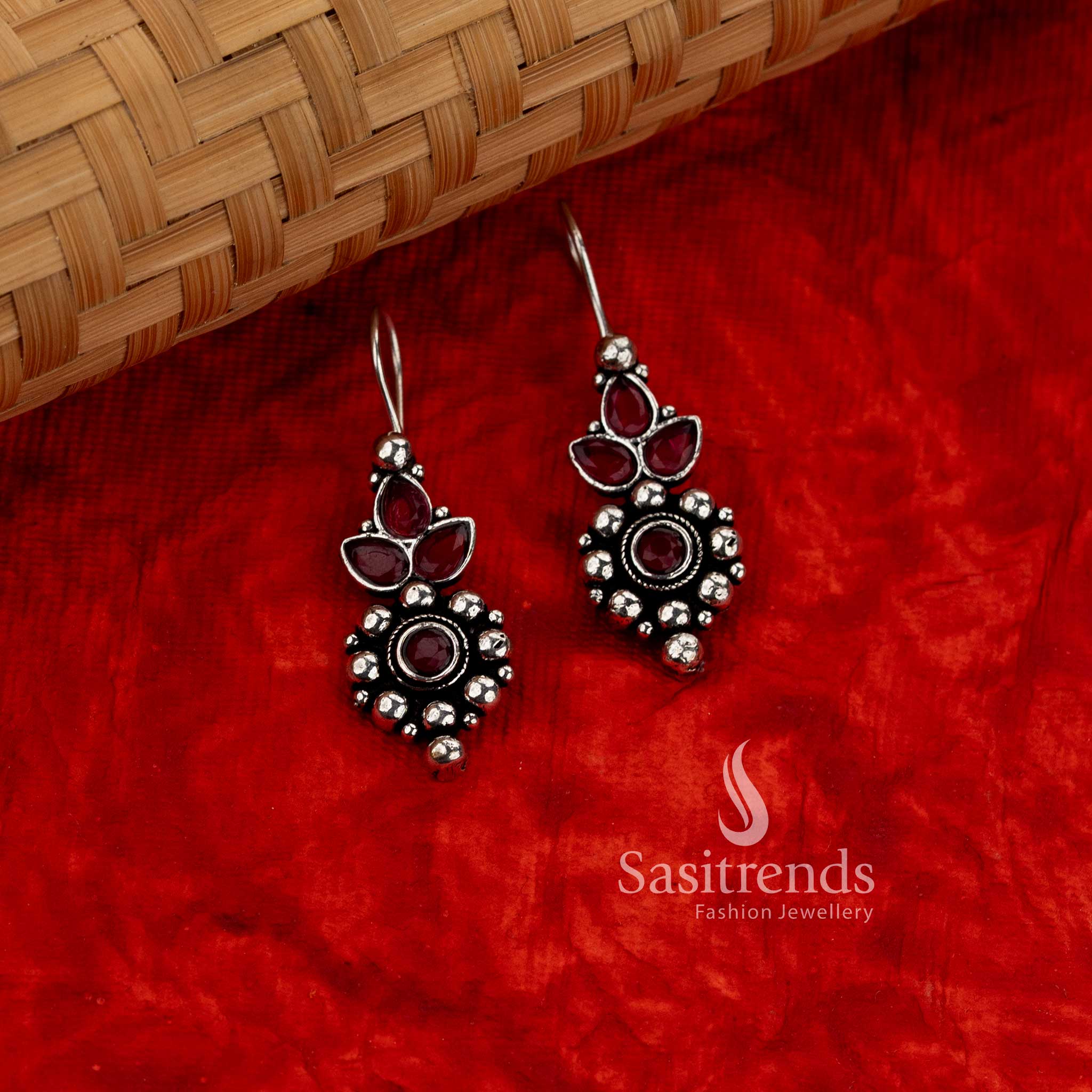 Opulent Oxidised Floral Drop Fish Hook Earrings with red Stone Cluster Detailing for Daily, Office & Casual Wear - Sasitrends