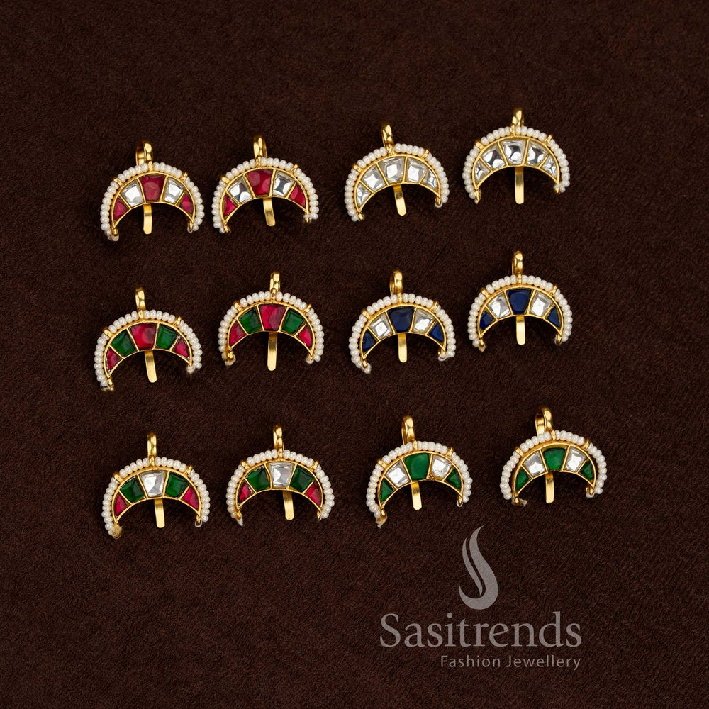 sasitrends 24k jadau gold plated white, ruby, green, blue kundan stone crescent earcuff earrings with pearl border
