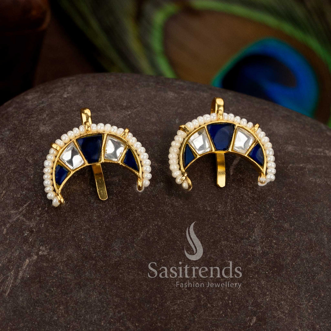 Sasitrends 24k jadau gold plated white blue kundan stone crescent earcuff earrings with pearl border
