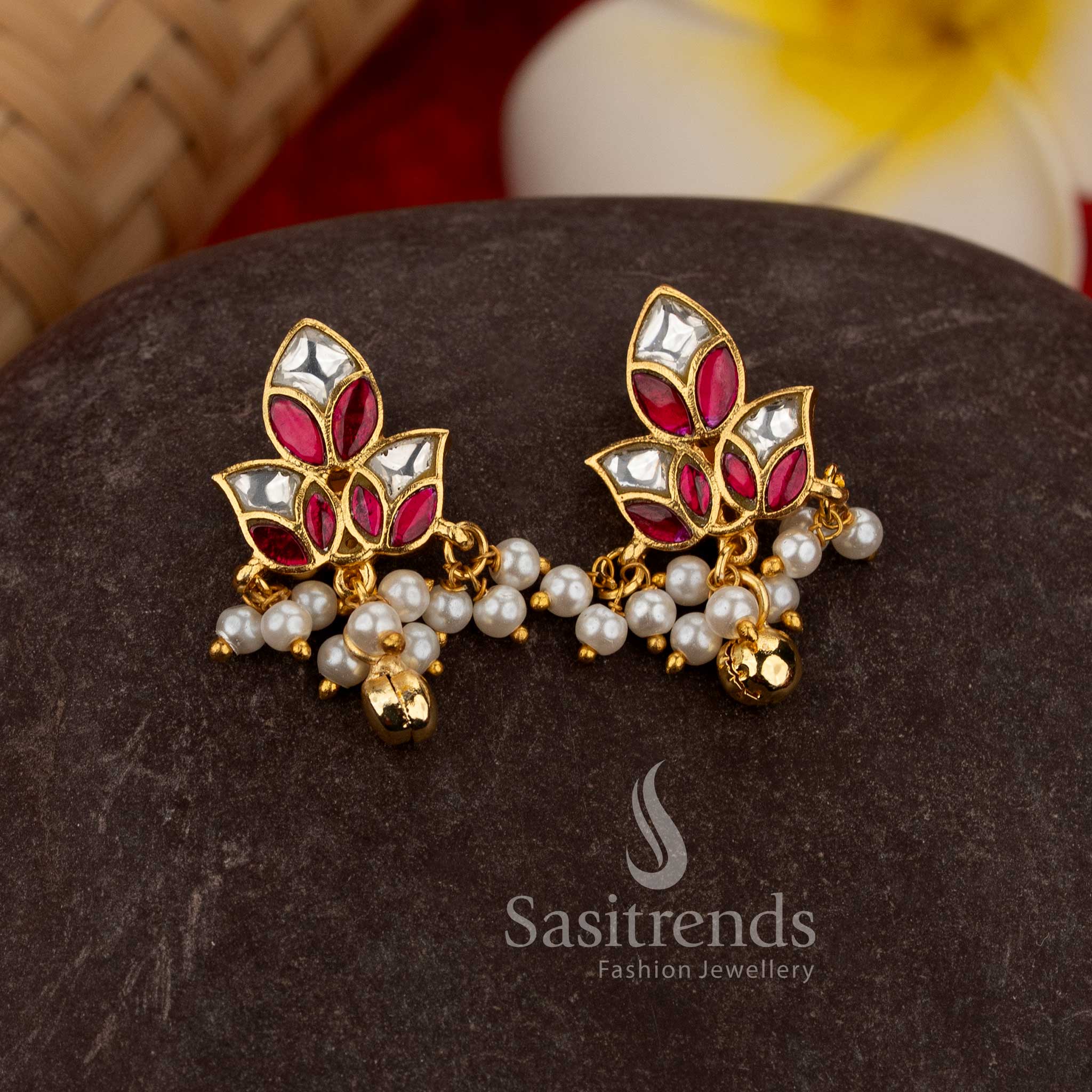 Sasitrends 24k jadau gold plated white ruby kundan stone leaf motif earcuff earrings with pearl hanging design