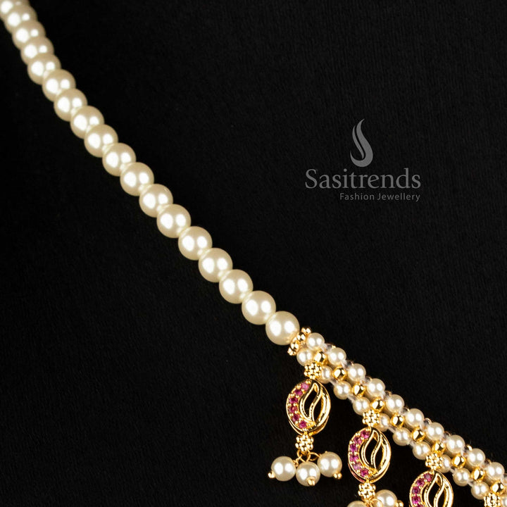 Sasitrends 24K micro gold plated traditional jewellery set with multi-row pearl necklace, ornate pendant and earrings 3039A 