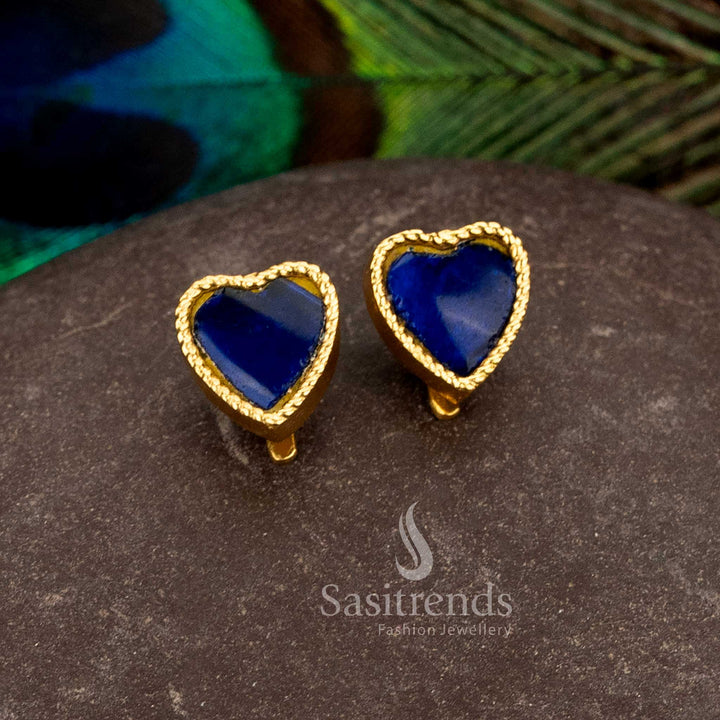 Sasitrends 24k jadau gold plated blue heart stone bugadi stud earrings with elegant premium look for ethnic and temple wear