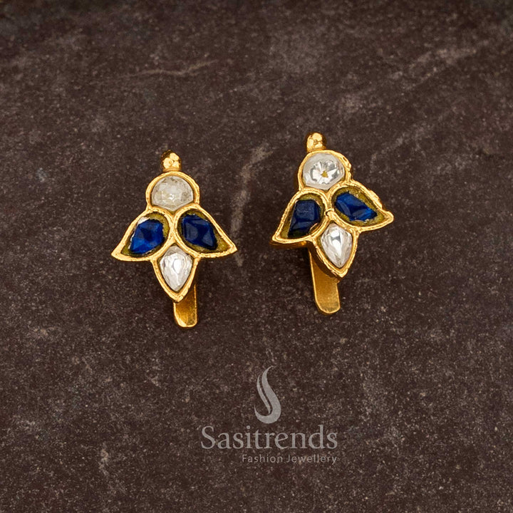 Exquisite 24K Jadau Gold Plated Leaf Motif Design Kundan Stone Bugadi Ear Cuff Earrings