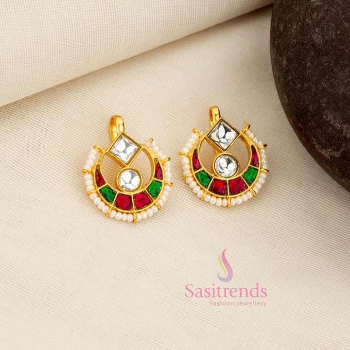 Stunning 24K Jadau Kundan Gold Plated Half Moon Bugadi Earcuff Earrings with Square and Round Stone Top & Pearl Drops