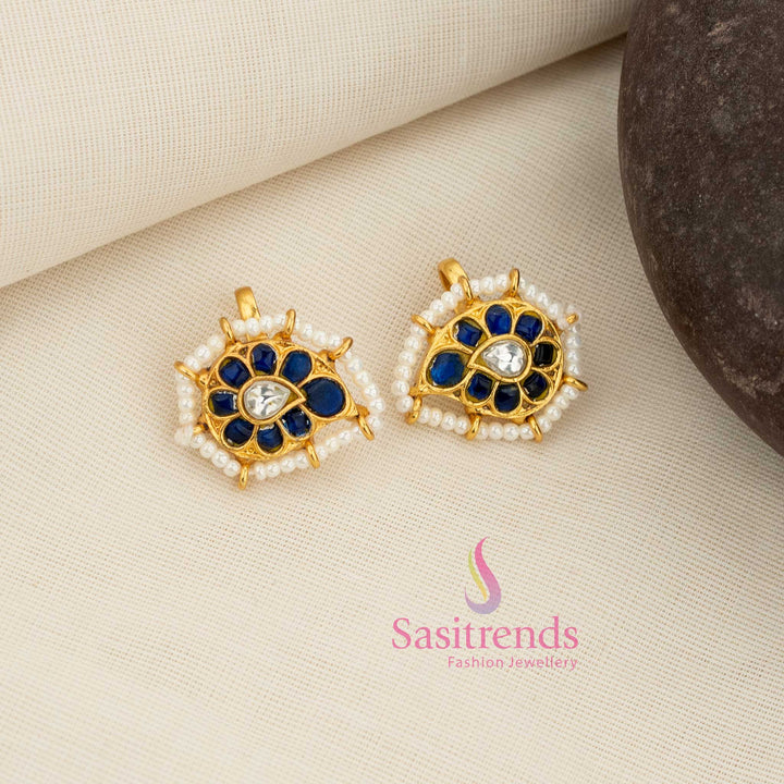 Elegant jadau gold plated bugadi earcuff earrings featuring mango design floral blue white kundan stone work by Sasitrends