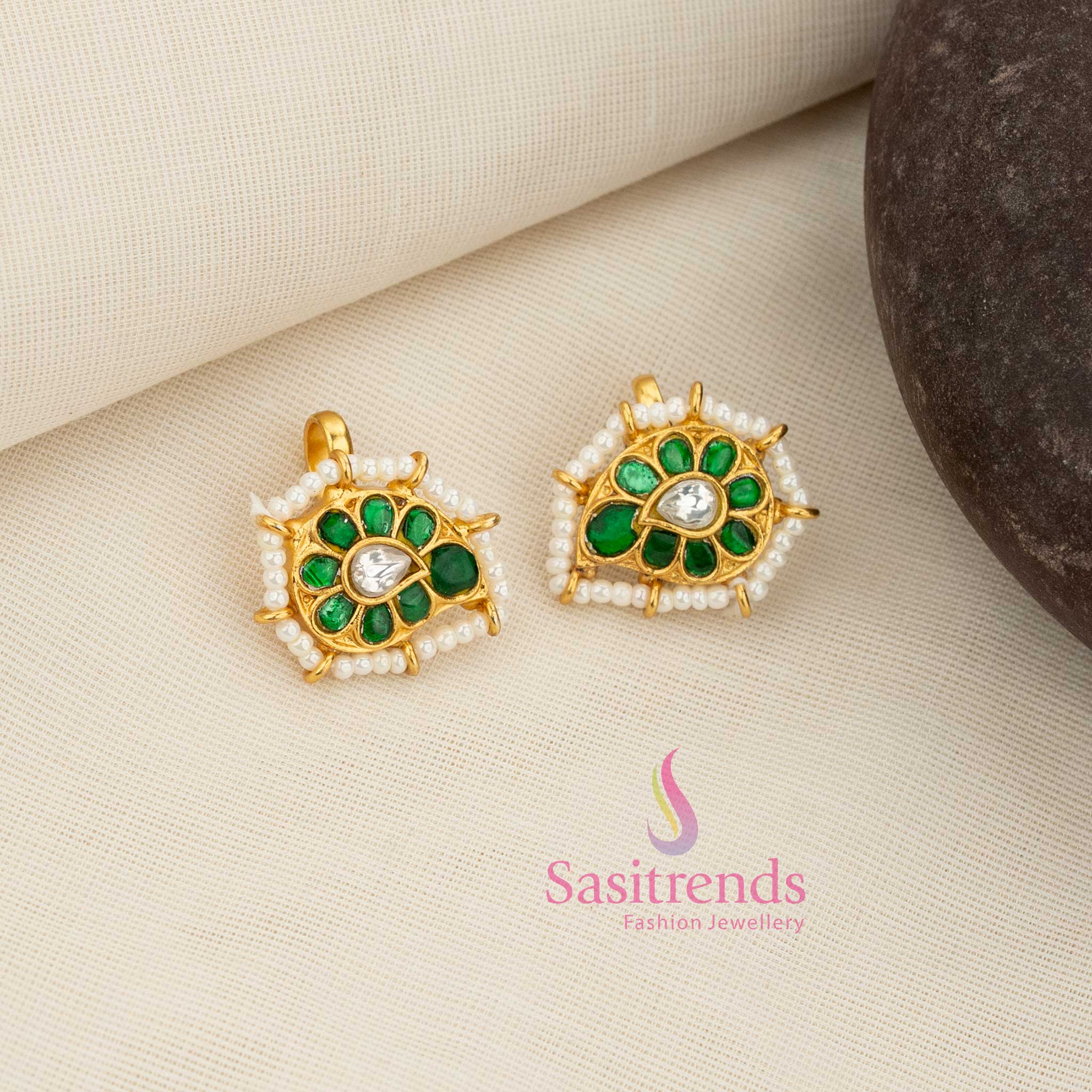 Premium rich look quality jadau gold plated bugadi earcuff earrings featuring mango design floral green white kundan stone work by Sasitrends
