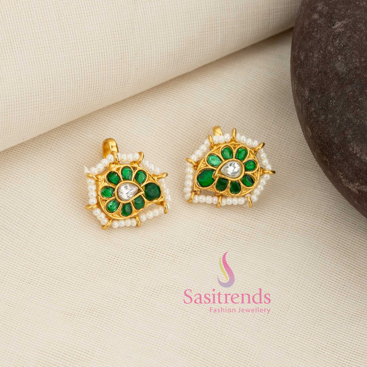 Premium rich look quality jadau gold plated bugadi earcuff earrings featuring mango design floral green white kundan stone work by Sasitrends