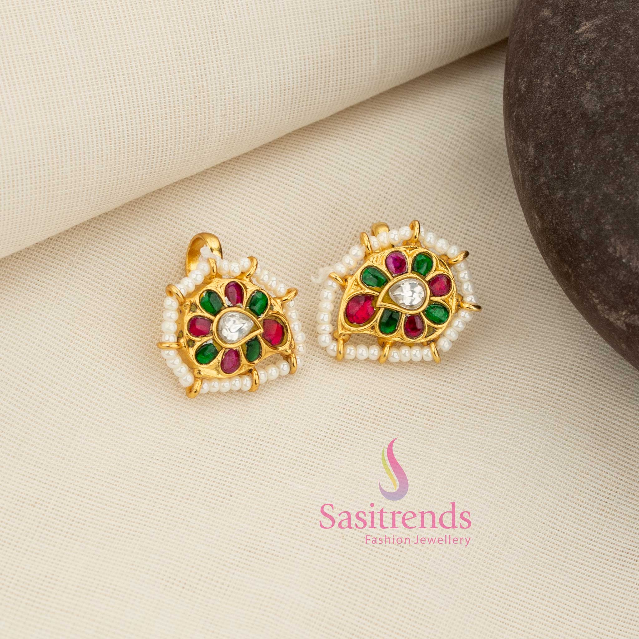 Traditional temple wear jadau gold plated bugadi earcuff earrings featuring mango design floral multi kundan stone work by Sasitrends