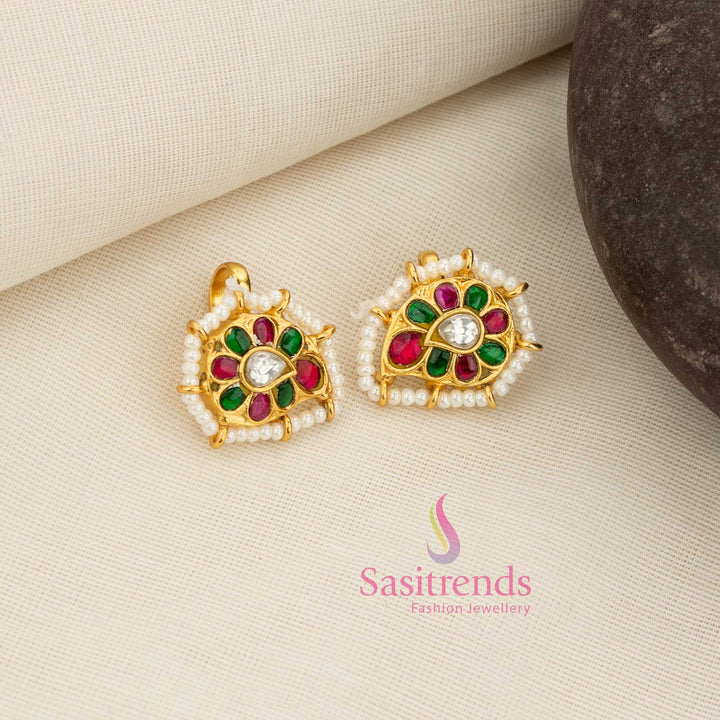 Traditional temple wear jadau gold plated bugadi earcuff earrings featuring mango design floral multi kundan stone work by Sasitrends