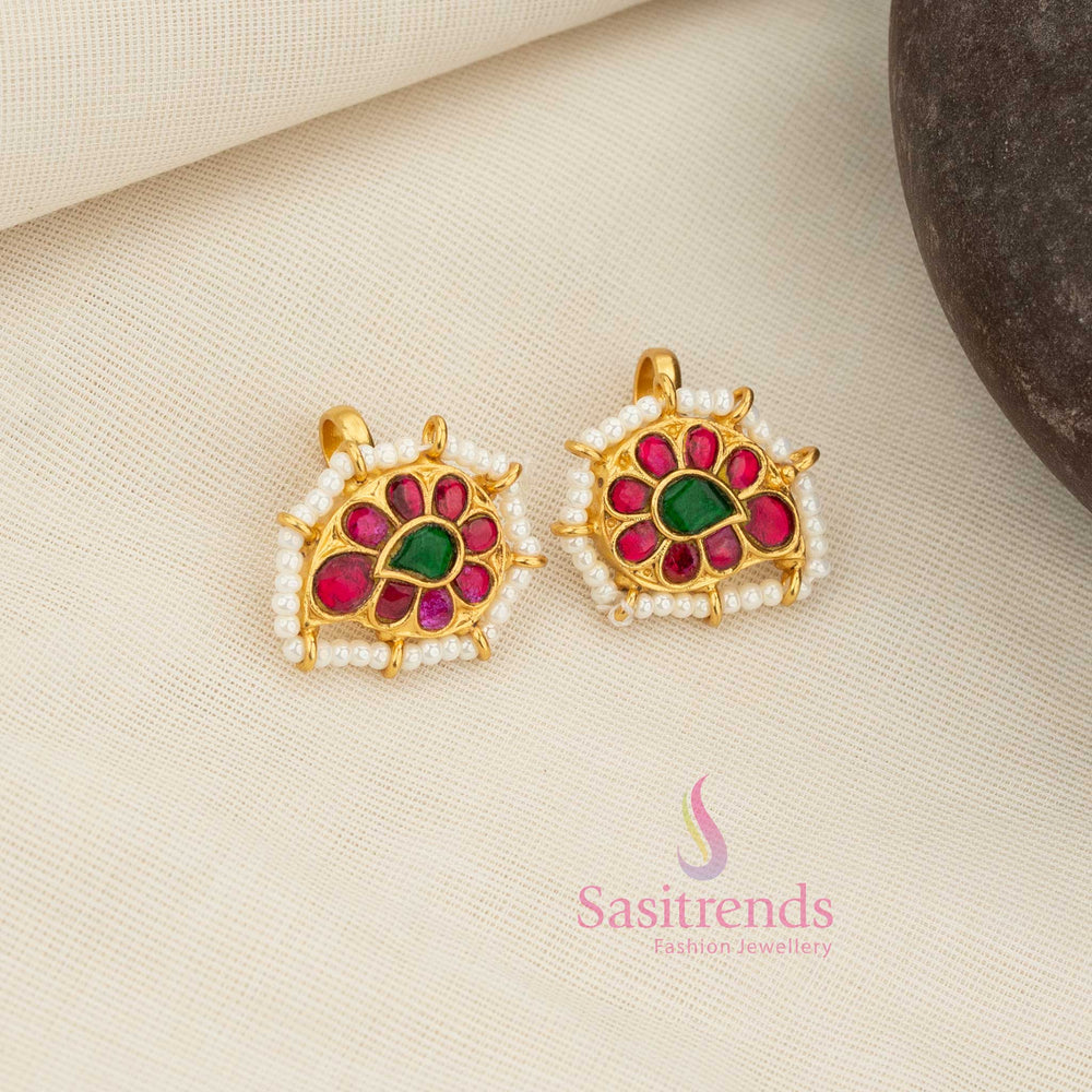 Traditional jadau gold plated bugadi earcuff earrings featuring mango design floral ruby green kundan stone work by Sasitrends