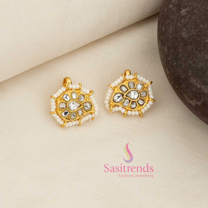 Stunning Premium rich look quality jadau gold plated bugadi earcuff earrings featuring mango design floral white kundan stone work by Sasitrends