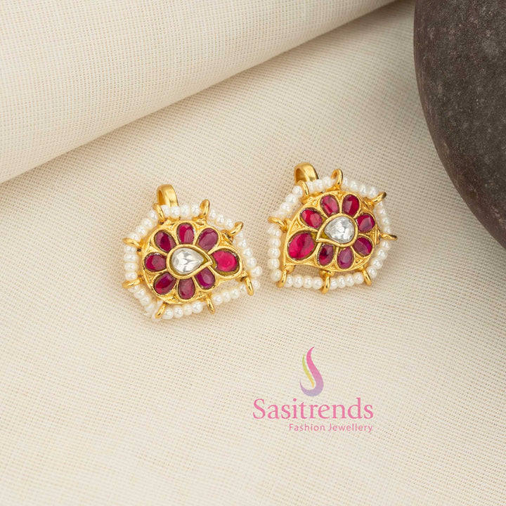 Traditional jadau gold plated bugadi earcuff earrings featuring mango design floral white ruby kundan stone work by Sasitrends