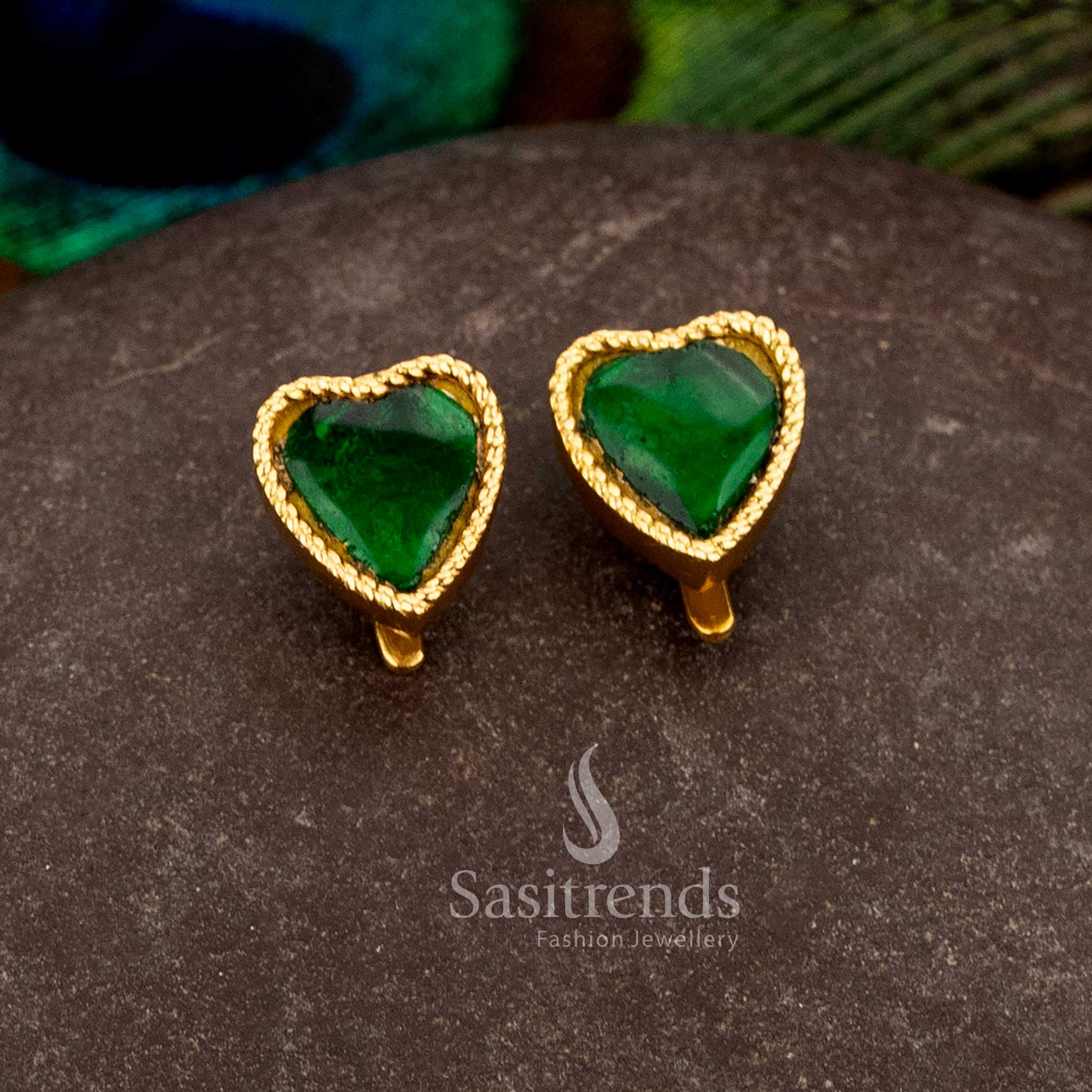 Sasitrends 24k jadau gold plated green heart stone bugadi stud earrings with premium traditional design for wedding and festive wear