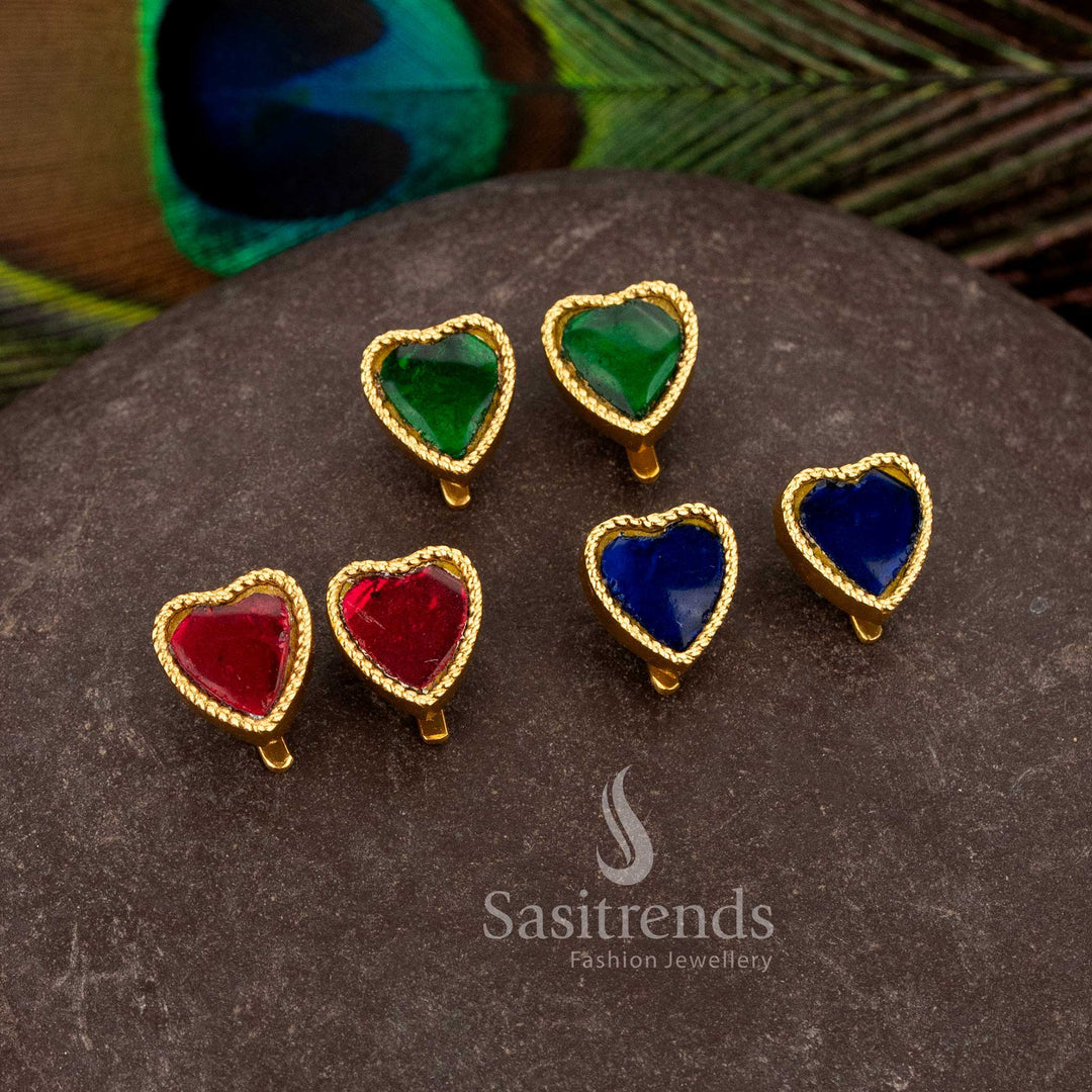 Sasitrends 24k jadau gold plated green , red, blue heart stone bugadi stud earrings with premium traditional design for wedding and festive wear