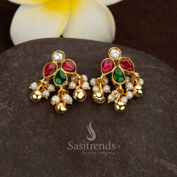 Sasitrends 24k jadau gold plated multi kundan stone bugadi ear cuff earrings styled in classic floral design structure with pearl drop detailing ideal for wedding and festive styling
