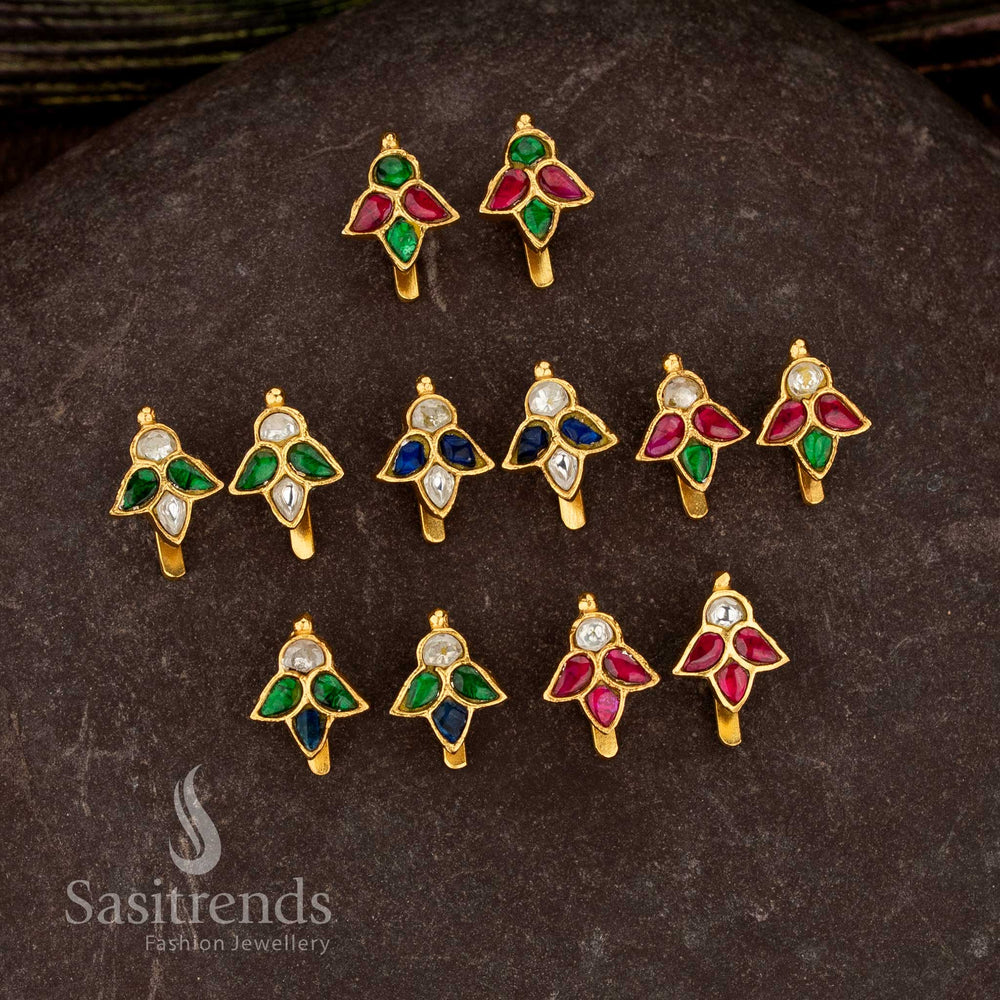 Sasitrends 24k jadau gold plated ruby, white, blue, multi and green kundan stone bugadi earrings with traditional leaf motif design structure for wedding and festive occasions
