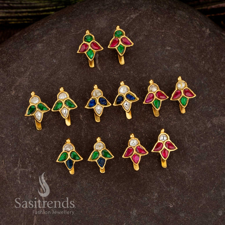 Sasitrends 24k jadau gold plated ruby, white, blue, multi and green kundan stone bugadi earrings with traditional leaf motif design structure for wedding and festive occasions
