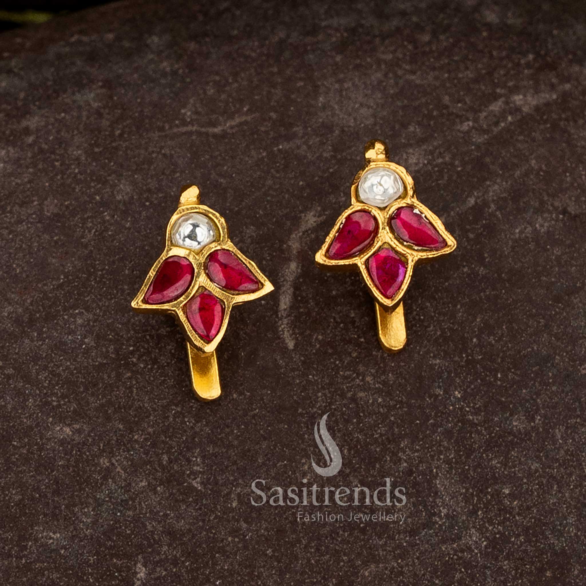 sasitrends 24k jadau gold plated ruby and white kundan stone bugadi earrings with traditional leaf motif design structure and premium rich look
