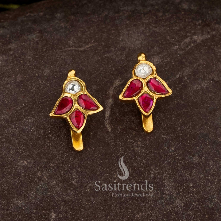 sasitrends 24k jadau gold plated ruby and white kundan stone bugadi earrings with traditional leaf motif design structure and premium rich look
