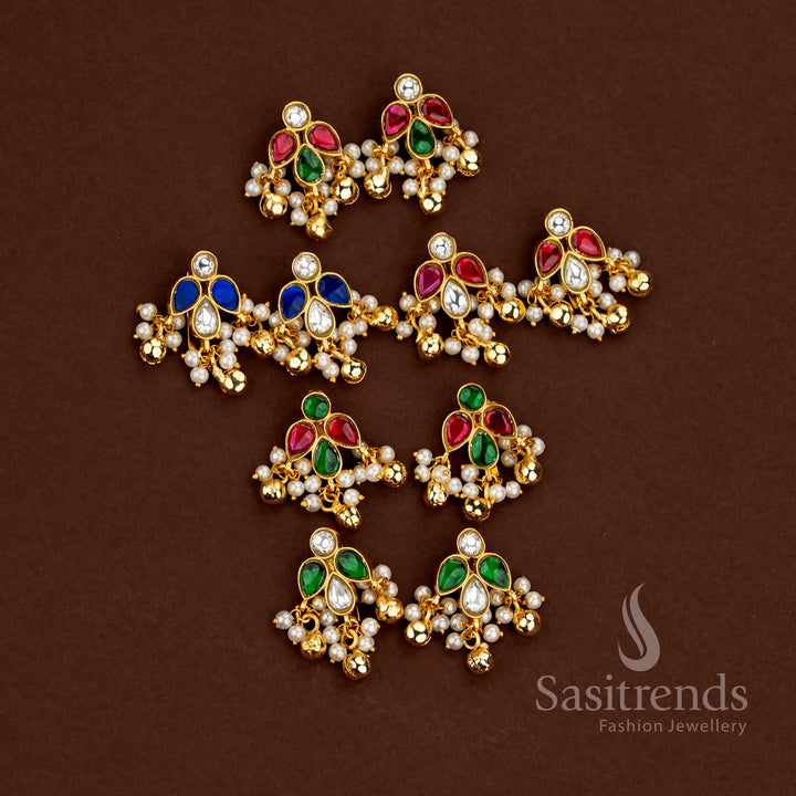 Sasitrends 24k jadau gold plated traditional kundan kundan stone bugadi ear cuff earrings designed with leaf motif structure and pearl hanging accents creating a premium heritage look
