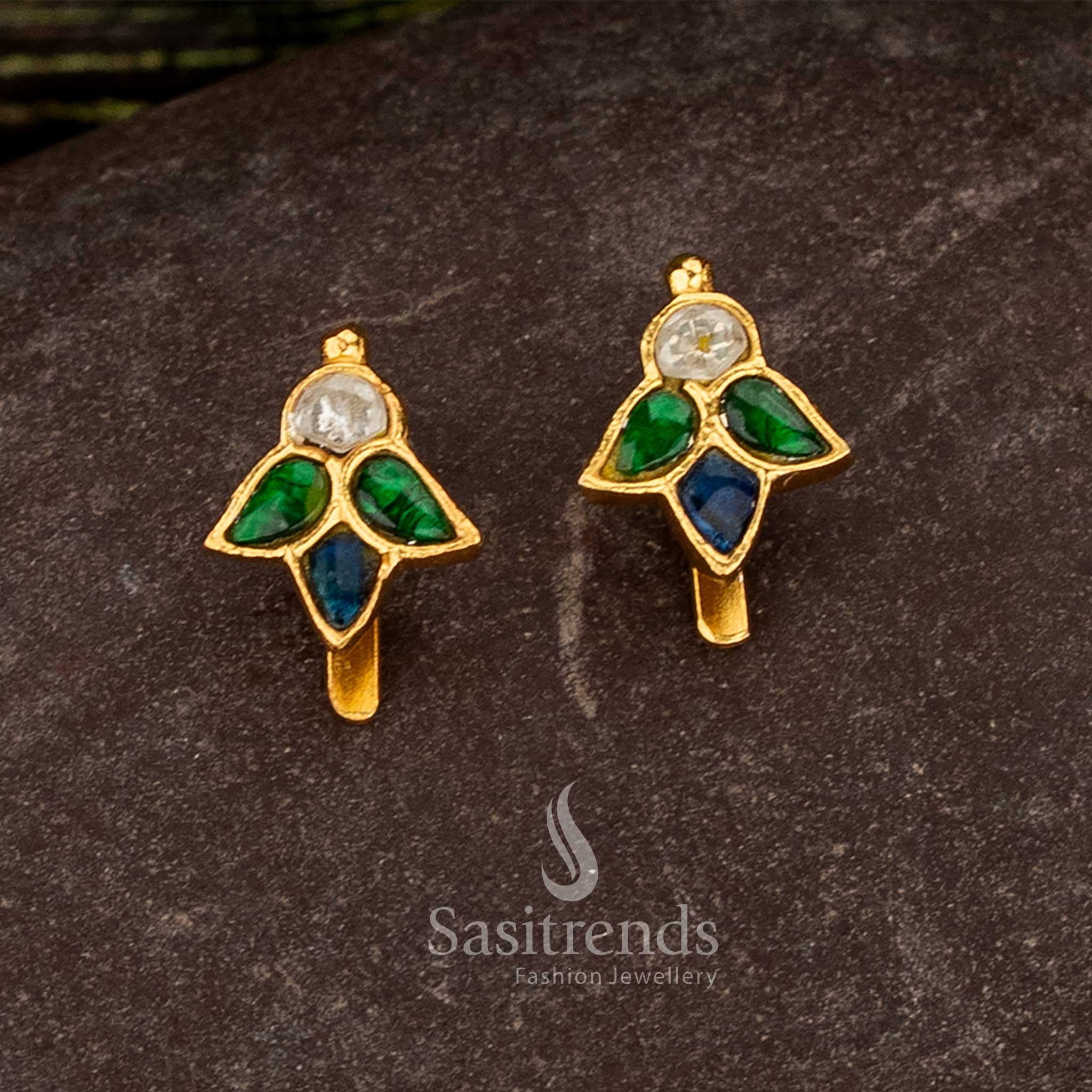
sasitrends 24k jadau gold plated white, blue and green kundan stone bugadi earrings with traditional leaf motif design structure for wedding and festive occasions
