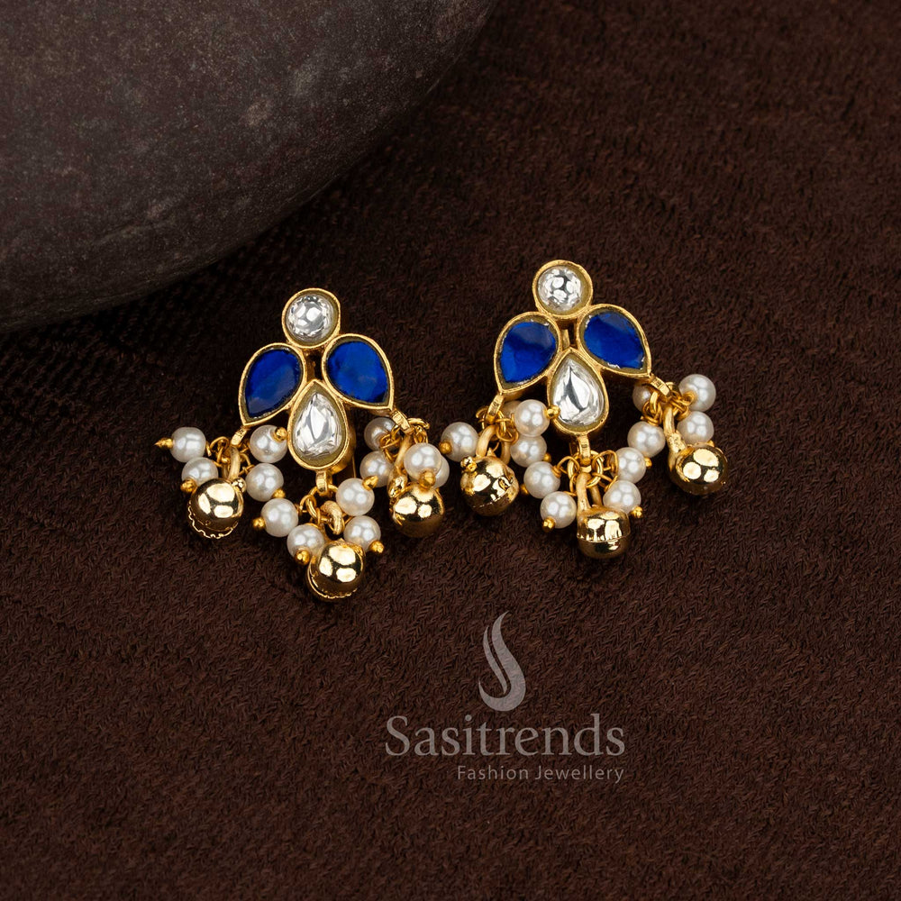 Sasitrends 24k jadau gold plated white blue kundan kundan stone bugadi ear cuff earrings featuring traditional floral and leaf pattern structure with pearl drop finishing for rich festive occasions
