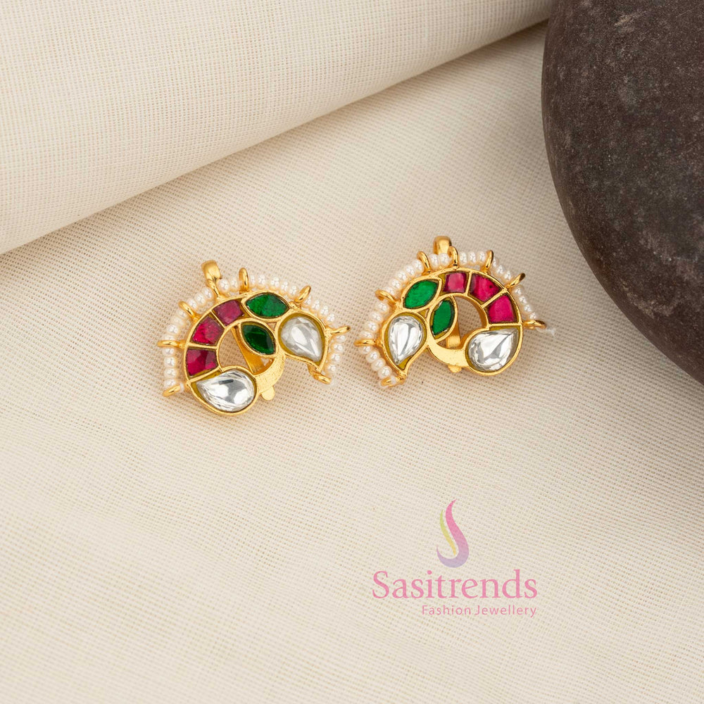 Heritage-inspired 24K gold plated peacock-face crescent earcuff earrings with pearl fringe for festive wear - Sasitrends